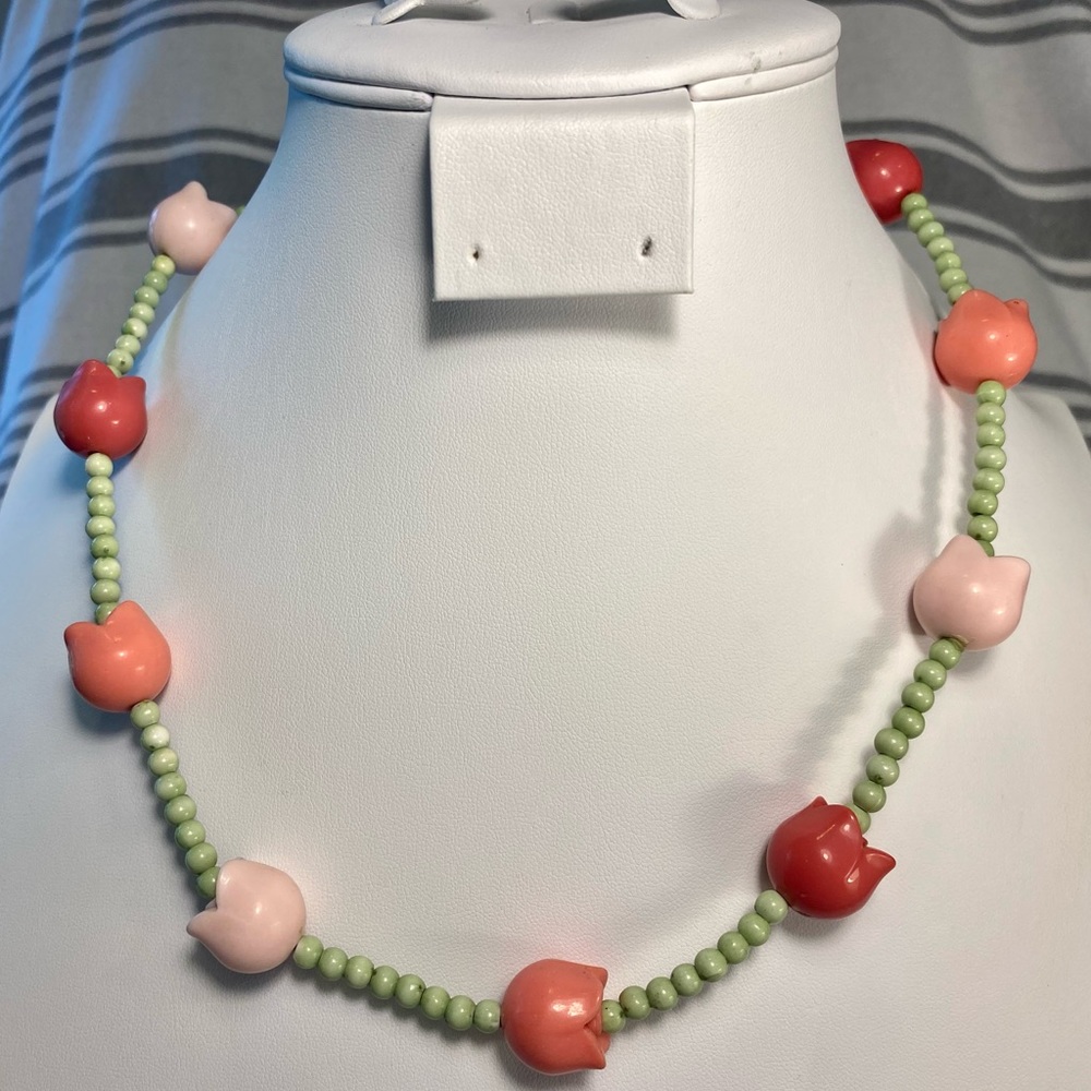Adorable Pink and Green Tulip Beaded Necklace